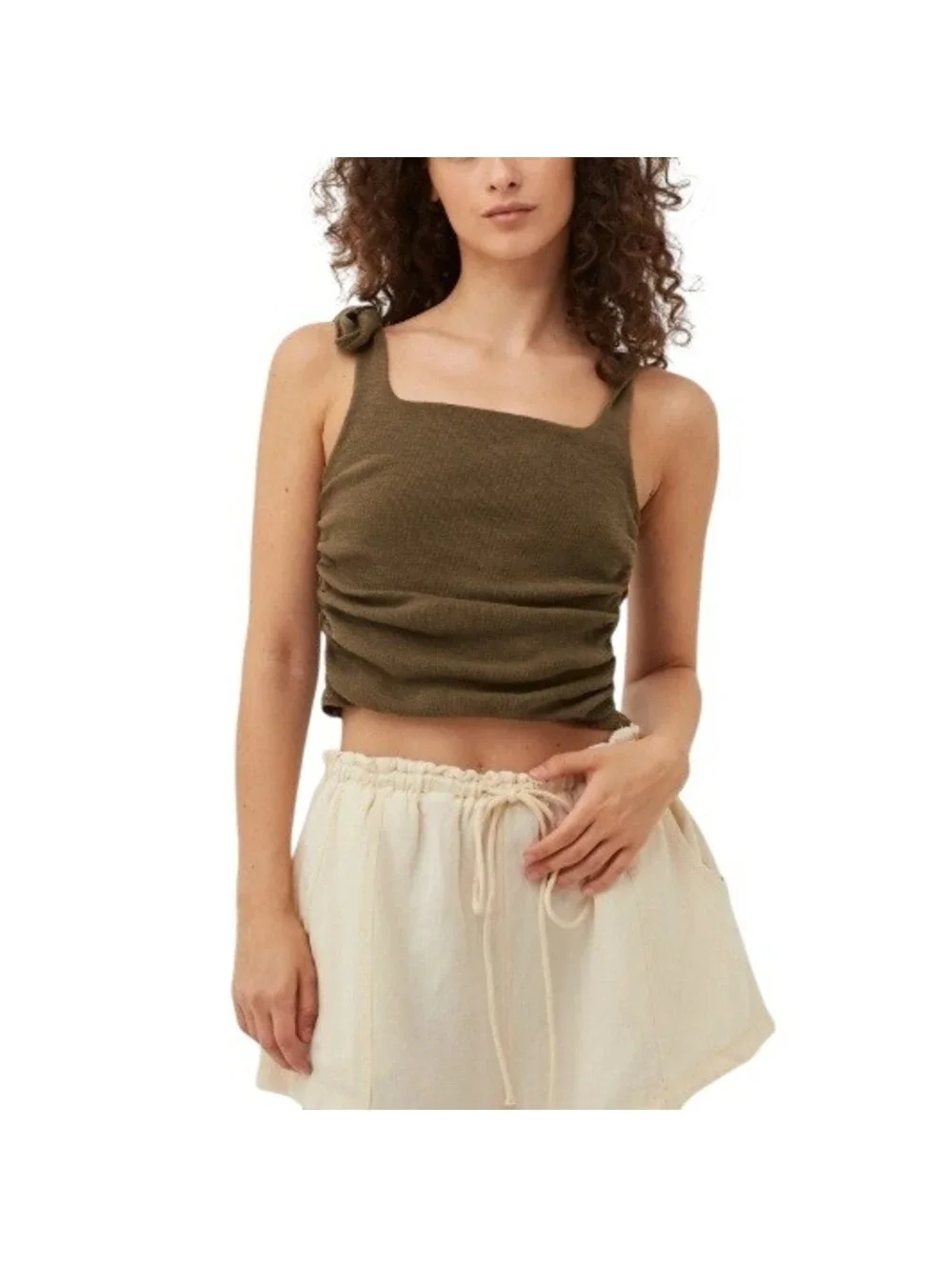 Free People Women's Brown Boulevard Ruched Tie Strap Tank Top Size M
